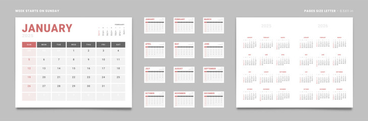 Set of 12 Pages Monthly Calendar Planner Templates and annual. Vector layout of a wall or desktop calendar with the week starting on Sunday ready for printing. Page size Letter -8.5x11