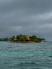 Aerial view of  the beautiful Bora Bora island and Island de Rosario turquoise waters, Resorts and yachts in Cartagena.