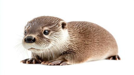 A playful otter resting on a smooth surface with an inquisitive expression in a well-lit environment