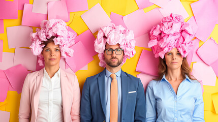 A dynamic team of two men and two women engages in a brainstorming session, showcasing their artistic expressions with colorful paper headpieces against a bright yellow backdrop
