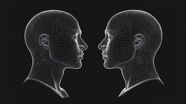Human head 3d wireframe front and side view. 3D Wireframe. Illustration
