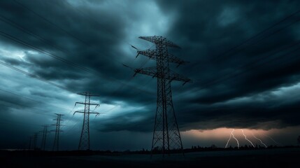 Stormy Sky with Power Lines and Lightning Strikes