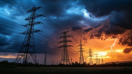 Dramatic Skies Above Power Lines at Sunset
