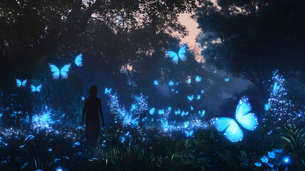 Obraz premium Illusionary scene of a person enjoying a peaceful walk in a dreamlike garden with glowing plants and floating butterflies. Glowing Bioluminescence. Illustration