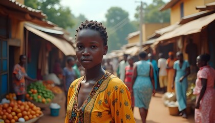 Portrait of a young woman in a yellow dress in a busy African marketplace.