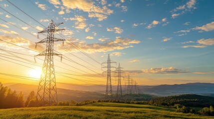 Power Lines Against Sunset Over Rolling Hills