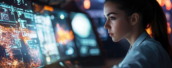 Woman operating a flight console in a space operations center, emphasizing advanced technology and expertise.