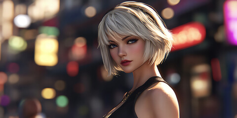 Fototapeta premium City Lights, Urban Glamour: A stunning portrait of a young woman with a captivating gaze, framed by a city backdrop with sparkling bokeh lights, capturing a sense of mystery and allure. 