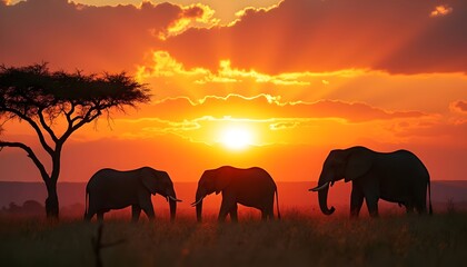 Fototapeta premium African Elephants Silhouetted at Sunset.