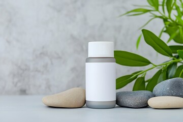 A Closeup of a Lotion Bottle With a Blank White Label in an Elegant Studio, Rocks, Plant and Natural Elements in Background, Display Advertisment, Lotion Bottle Mockup, Beauty Product Mockup