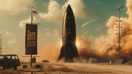 Rocket Launch Amidst Dramatic Clouds – Powerful Takeoff with Bold 'Gooo' Sign