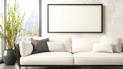 Modern living room design featuring a white sofa, greenery, and a large blank frame on the wall in a bright space