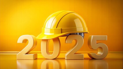 Happy new year greeting banner for construction industry featuring yellow protective helmet on 3D numbers 2025 against a bright orange background