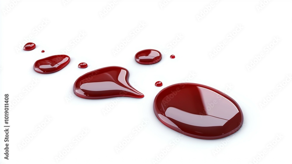 Poster detailed close-up of red liquid droplets on a white surface creating an abstract pattern in bright l