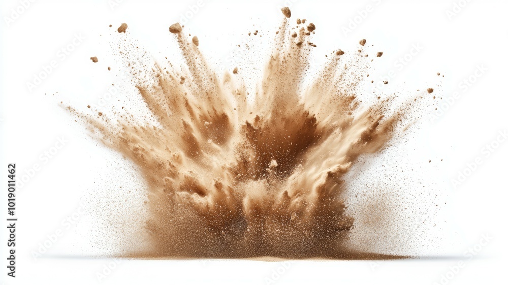 Poster dramatic explosion creating a cloud of dust and debris against a white background in a controlled en