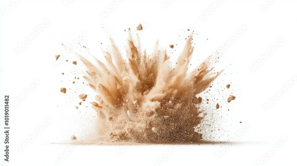 Poster dust explodes from the ground creating a dramatic cloud of particles in a bright environment