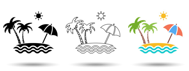 Beach vacation icon. Beach vacation icon on a white background, isolated. The icon has three uses in applications and websites. Vector illustration. Beach vacation icon on a white background.