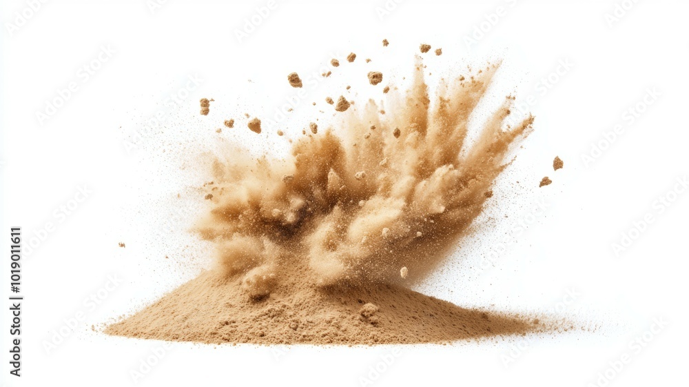 Poster dust explosion from a pile of brown powder creating dynamic splatter in a studio setting