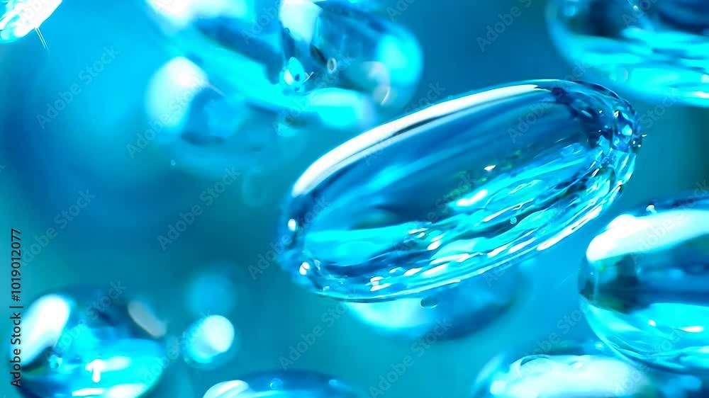Wall mural close-up of blue spherical elements on a blurred background. creatively represents droplets or molec