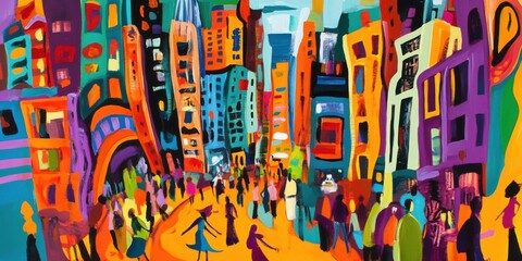 A bold, colorful painting depicting a bustling city street with exaggerated buildings and vibrant people