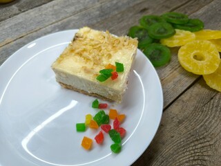 piece of cottage cheese cake on a plate. High quality photos