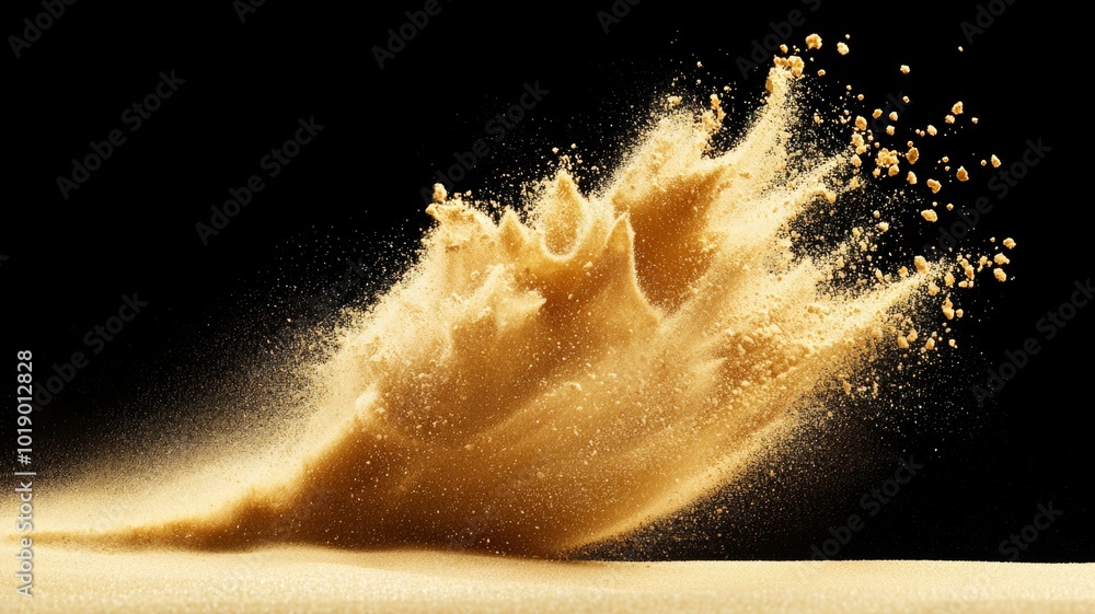 Poster golden sand splashes in dynamic waves against a dark backdrop during an artistic display