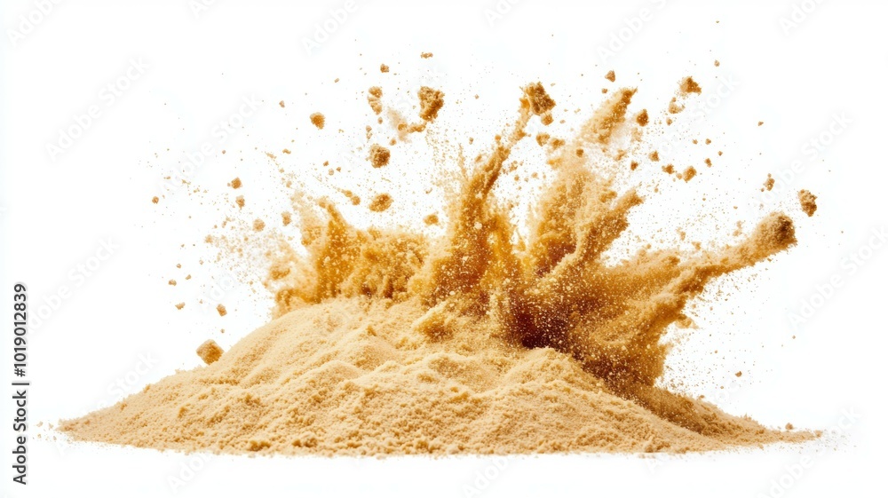 Poster brown powder erupts in a cloud as it is thrown in a bright studio setting during a creative project 