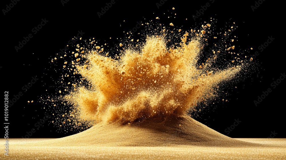 Poster dust explosion creates a visually striking cloud of golden particles in a dark setting