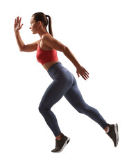 Woman in sportswear running on white background