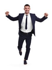 Businessman in suit running on white background