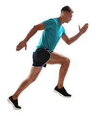 Man in sportswear running on white background