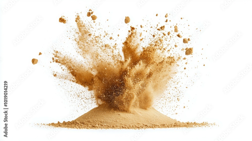 Poster dust explodes from a mound of fine sand on a white background creating a dramatic cloud effect