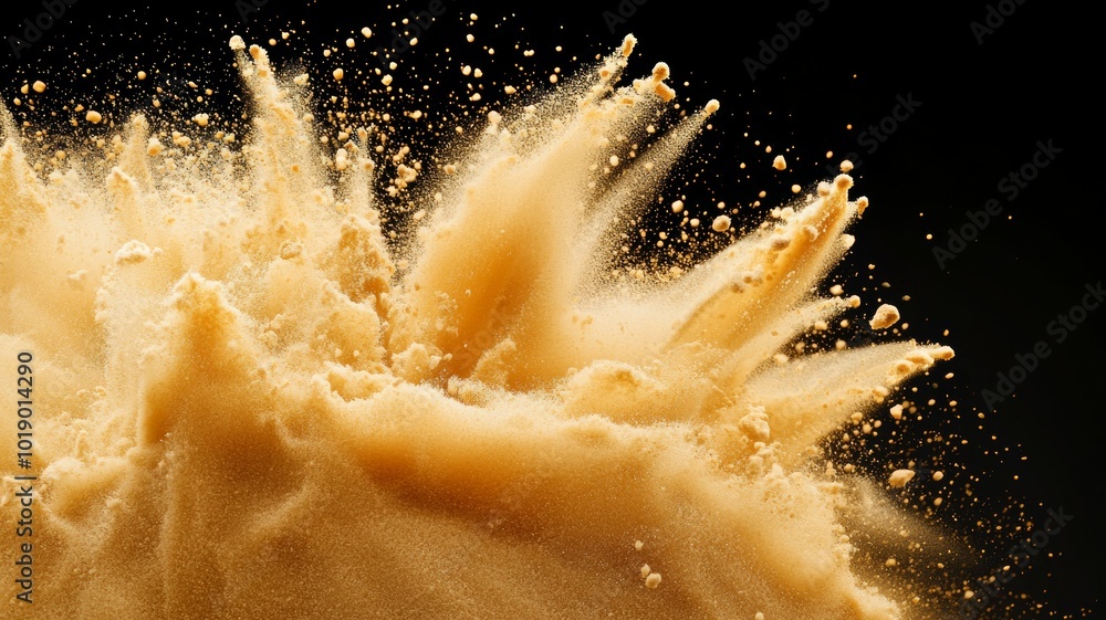 Poster golden dust explosion creating dynamic patterns against a black background during a creative photogr