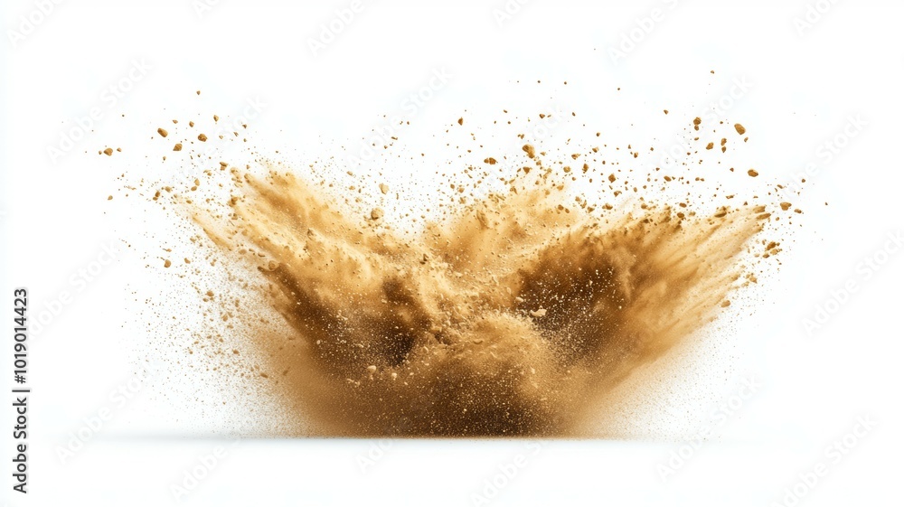 Poster a cloud of brown dust erupts dramatically from the ground, creating an explosive effect against a wh