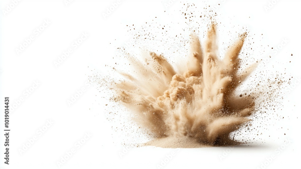 Poster dust explosion creating a cloud of fine particles against a white background