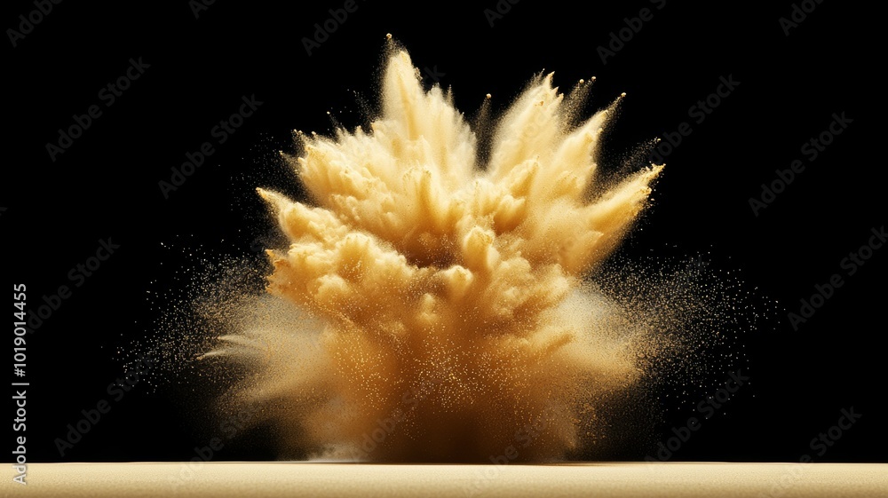 Poster dramatic explosion of sand creating a cloud of dust in a dark setting during daylight hours