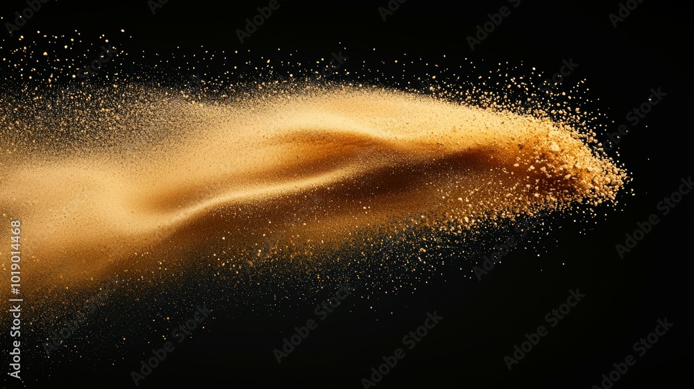 Poster golden dust swirls gracefully in a dark background, creating an ethereal display of motion and color