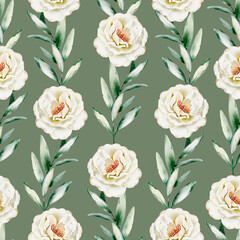 White Roses watercolor Seamless Wallpaper. Hand drawn delicate ornament with Pastel Flowers on green background. Floral backdrop wrapping paper, pattern. Botanical print for textile in wedding style.