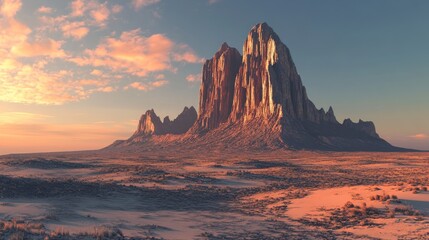 Naklejka premium A majestic mountain range rises from the desert landscape, bathed in the warm glow of a setting sun, casting long shadows across the sand.