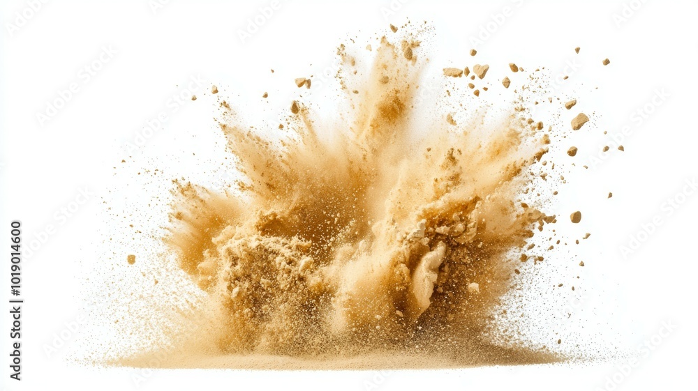 Poster a cloud of dust explodes in a bright setting, highlighting a moment of motion and energy during a dy