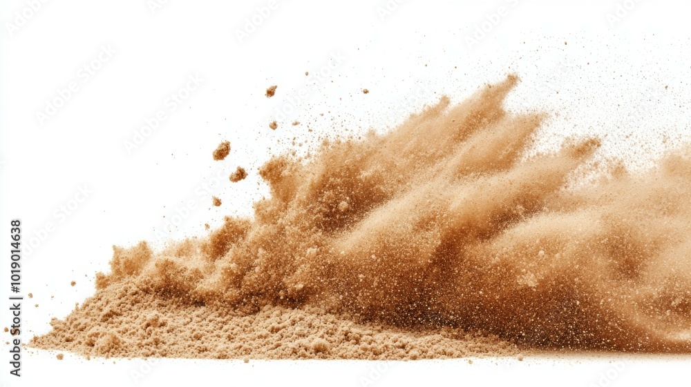 Poster soft brown dust rises from a sandy surface, creating a cloud effect during a dry weather setting