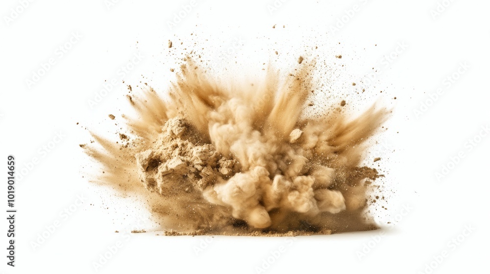 Poster dust explosion creating a dramatic cloud of particles in a bright white setting during daylight hour