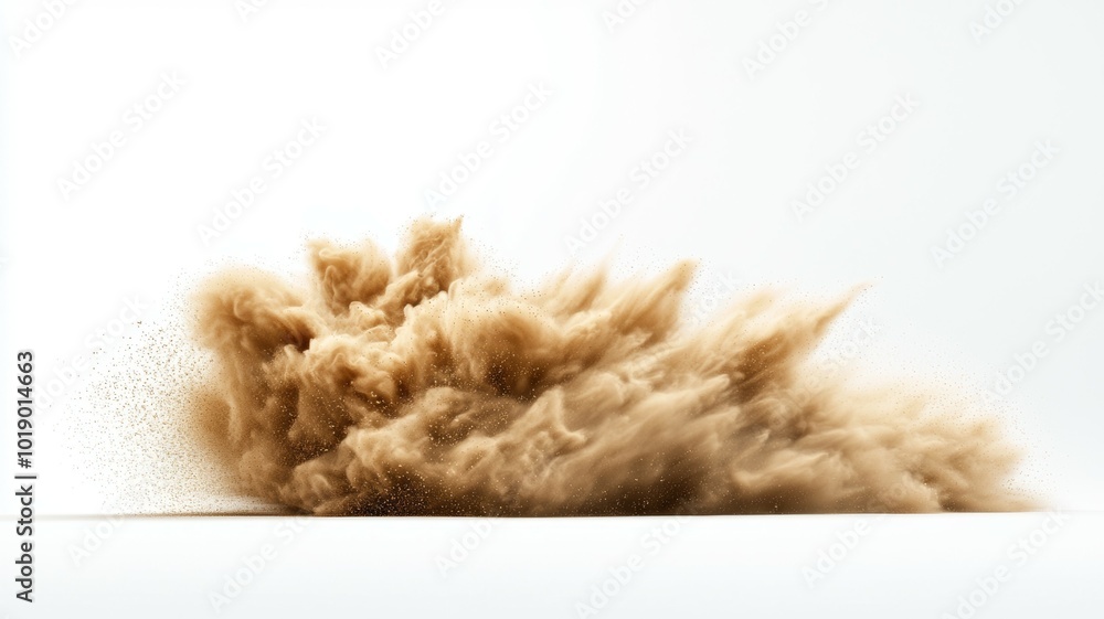 Poster dust cloud rises dramatically on a smooth surface, emphasizing motion and texture in a minimalist se
