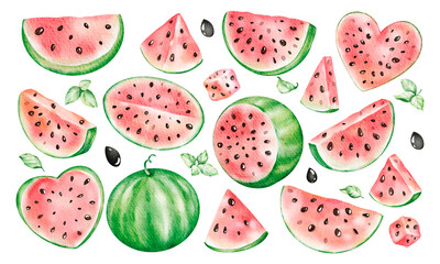 Watercolor set illustrations sliced Watermelon, mint leaves clip art isolated background. Hand drawn of bright pieces and slices melon of popsicles, cupcake, skewer for design, cards, print, menu.