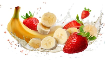 Isolated banana and strawberry on white background with selective focus, showcasing the vibrant colors and textures of fresh fruit. Ideal for healthy eating,nutrition,food content and advertisements."