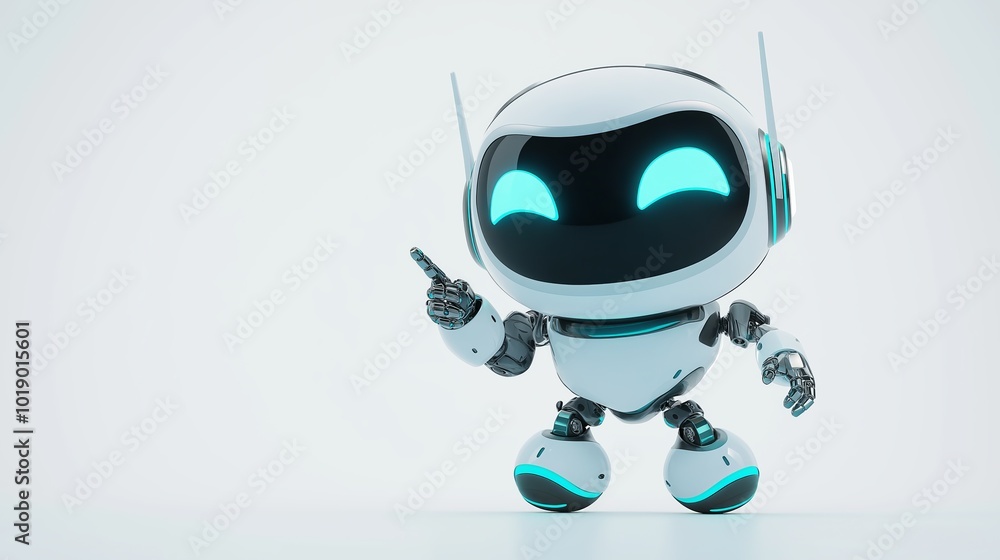 Poster Small futuristic robot pointing at something, symbolizing advancements in artificial intelligence, robotics, and technological innovation, Generative Ai