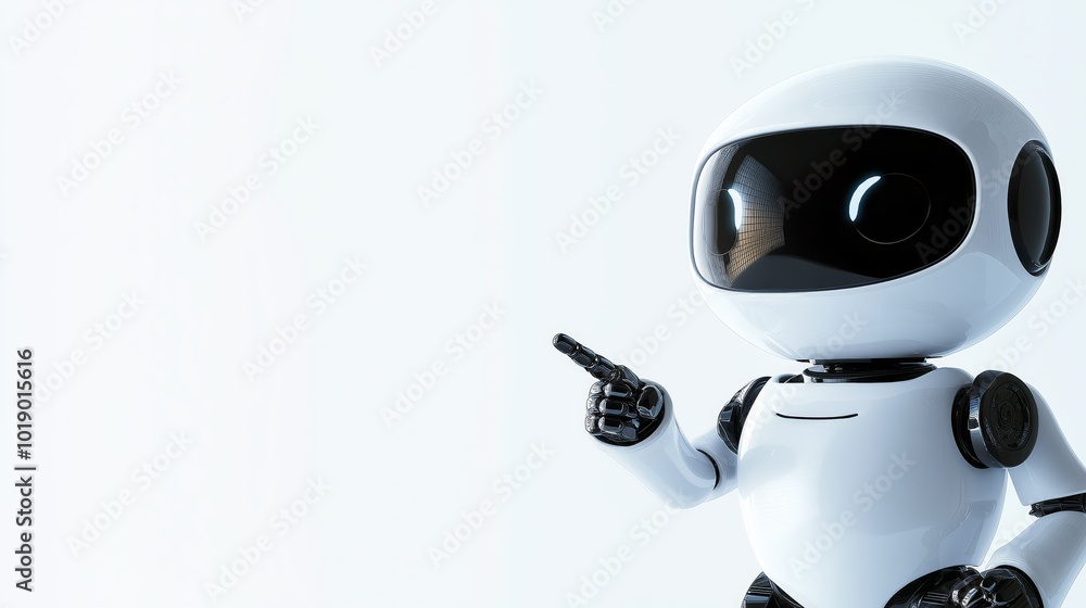 Poster Small futuristic robot pointing at something, symbolizing advancements in artificial intelligence, robotics, and technological innovation, Generative Ai