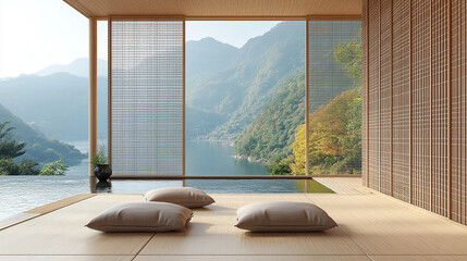 Japandi minimalist living room with sleek furniture, soft neutral tones, and natural light. This space blends Japanese and Scandinavian design, symbolizing harmony, simplicity, and mindful living