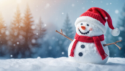 Cheerful snowman with a red Santa hat and scarf standing in a snowy forest with blurred evergreen trees in the background.