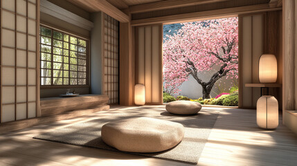 Japandi minimalist living room with sleek furniture, soft neutral tones, and natural light. This space blends Japanese and Scandinavian design, symbolizing harmony, simplicity, and mindful living